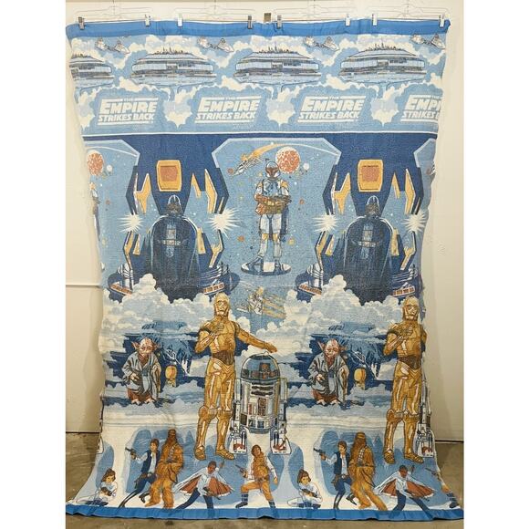 Vintage Empire Strikes Back Blanket Nylon Satin Trim Blue C3PO Darth Vader YODA